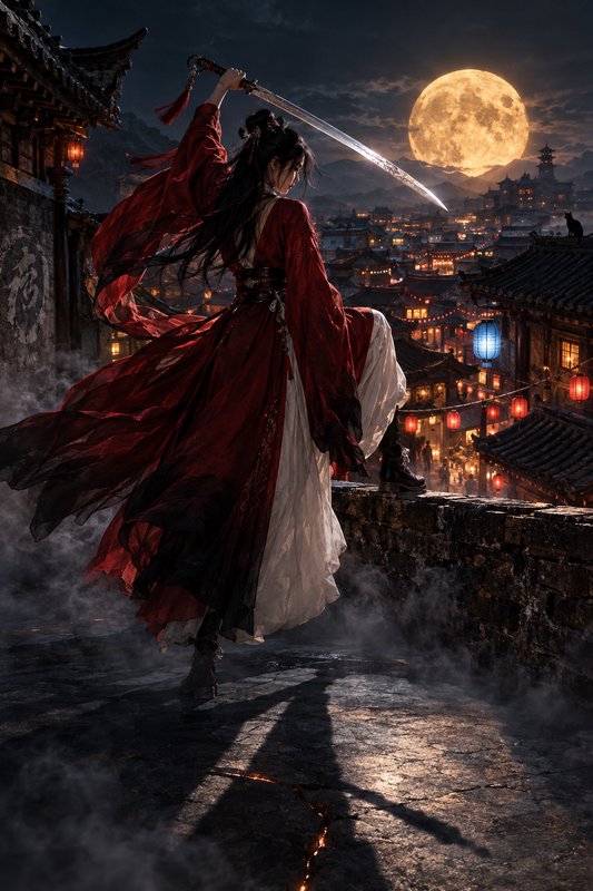 Female wuxia warrior in flowing red hanfu holds a sword overlooking a lantern-lit ancient city under a giant full moon