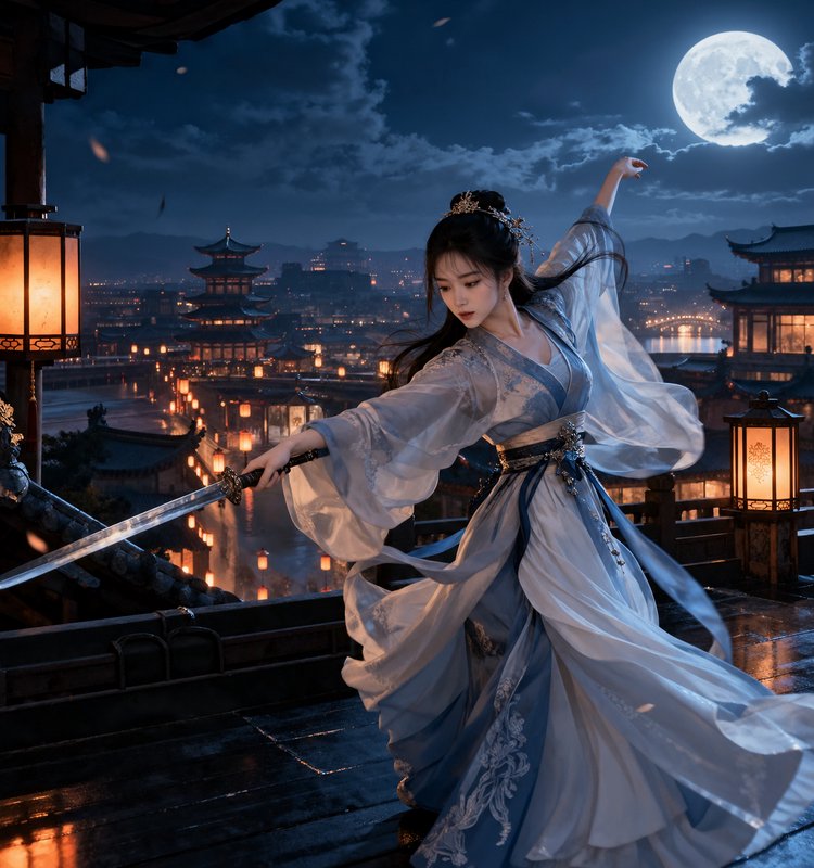 Graceful woman in flowing hanfu performs a sword dance on a rooftop overlooking a moonlit ancient...