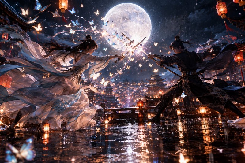 Two robed fantasy warriors clash swords under a bright full moon above a lantern-lit ancient East...