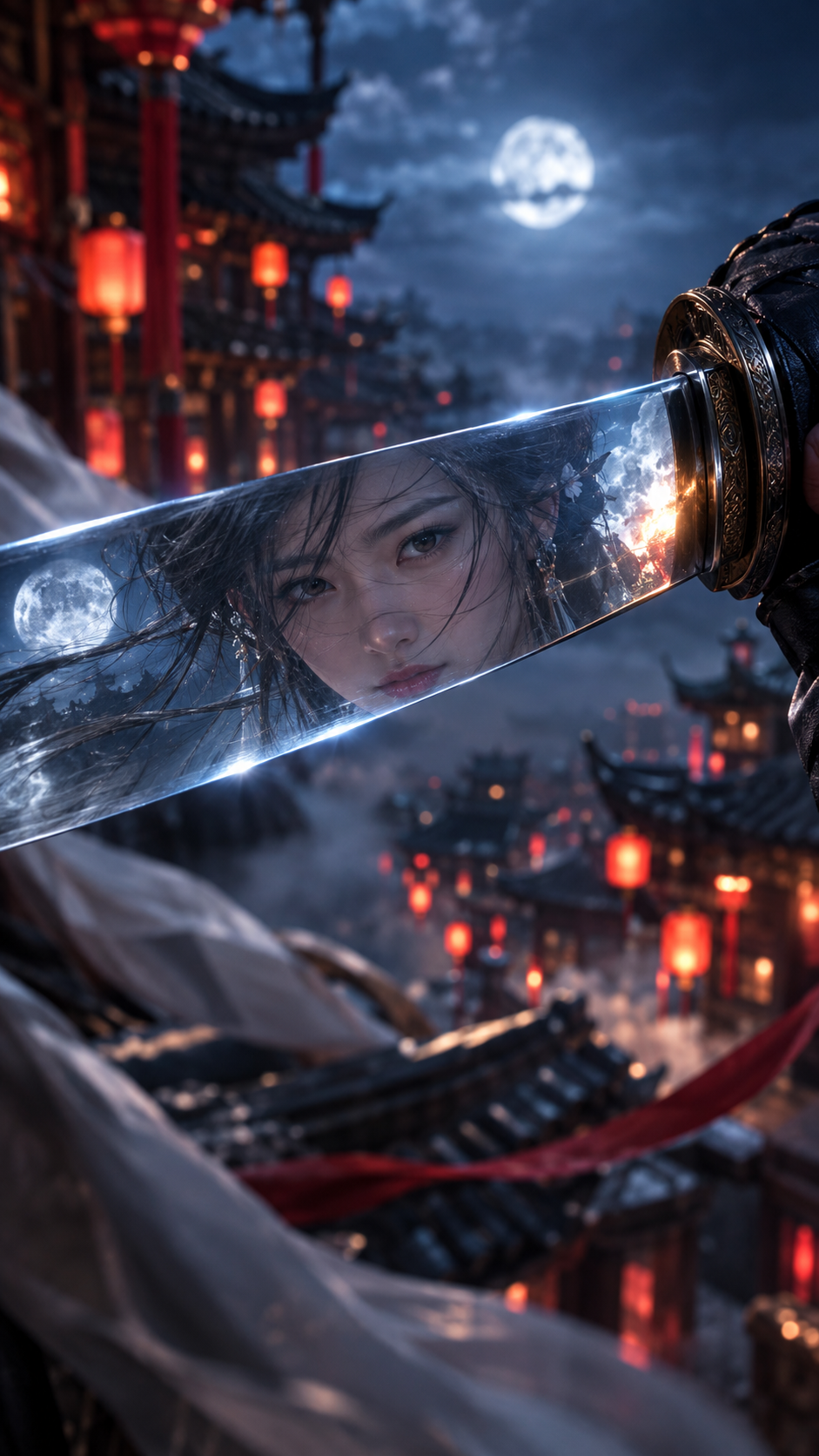 Polished katana blade reflects a female warrior above a lantern-lit ancient city under a full moon