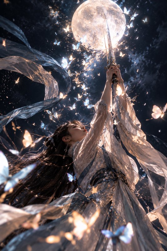 Ethereal fantasy woman raises an ornate sword aloft toward a glowing full moon surrounded by lumi...