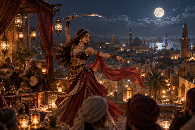 Female sword dancer performs on a moonlit rooftop overlooking an ancient Arabian city