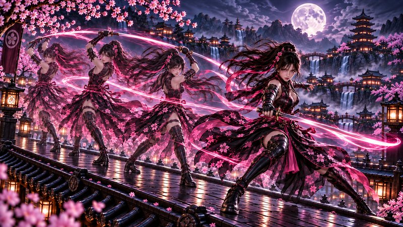 Sequential action shot of anime samurai girl swinging glowing pink katana on a Japanese rooftop under full moon cherry