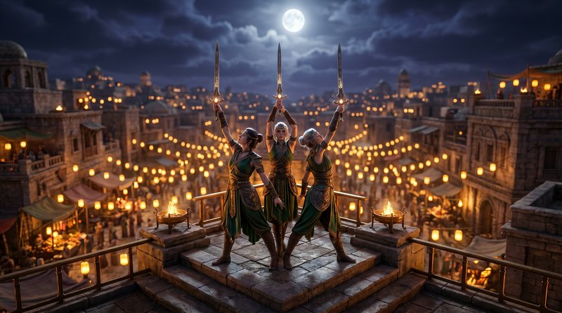 Three elven warrior women raise glowing swords in ceremony above a lantern-lit city under a full ...
