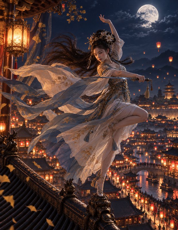 Graceful female sword dancer balances on an ornate rooftop overlooking a lantern-lit ancient city under a full moon