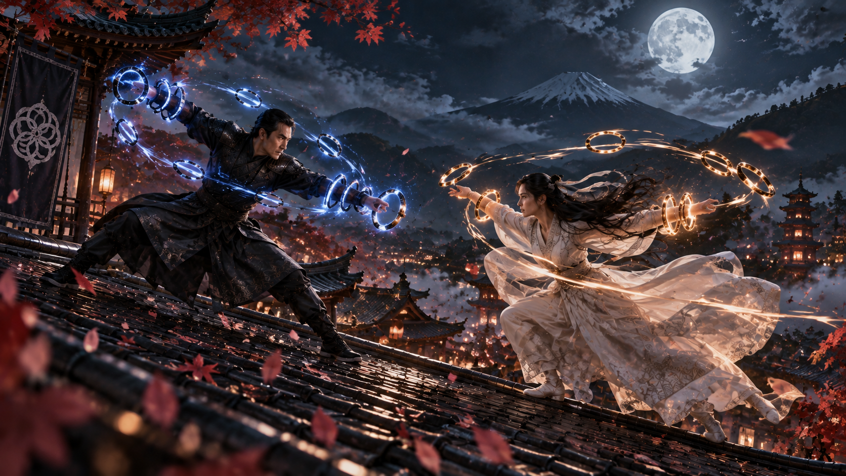 Two martial artists wield glowing magical rings dueling on a traditional rooftop under a full moon