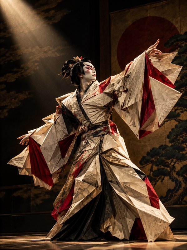 Kabuki performer in angular origami-inspired kimono strikes a dramatic dance pose under warm stag...