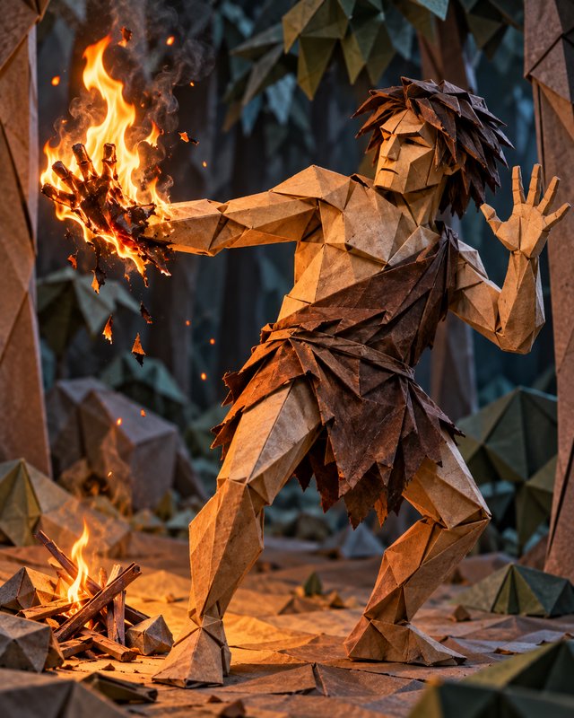Origami caveman figure holds burning fire at a stylized folded paper forest campsite