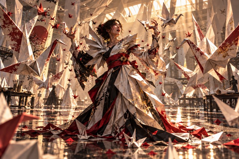 Woman in an origami-style kimono stands surrounded by floating paper cranes in a sunlit studio