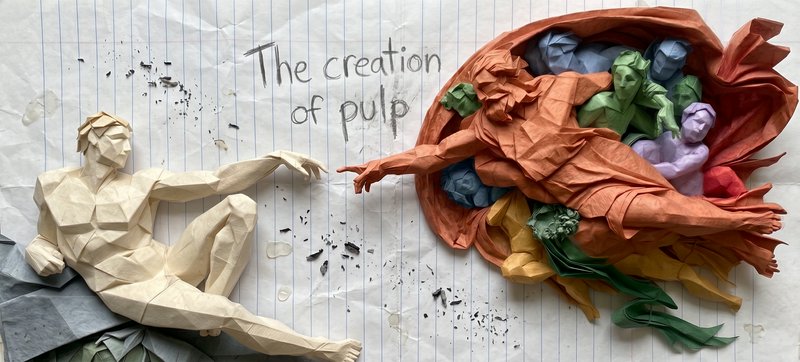 Origami parody of Michelangelo's Creation of Adam titled The Creation of Pulp on crumpled lined n...