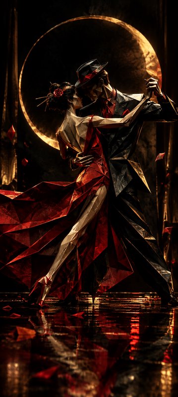 Faceted origami couple dance a passionate tango beneath a glowing golden circular backdrop