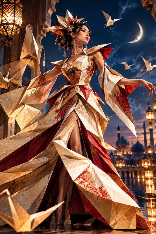 Elegant woman in an origami-style geometric gown stands surrounded by floating paper cranes under...