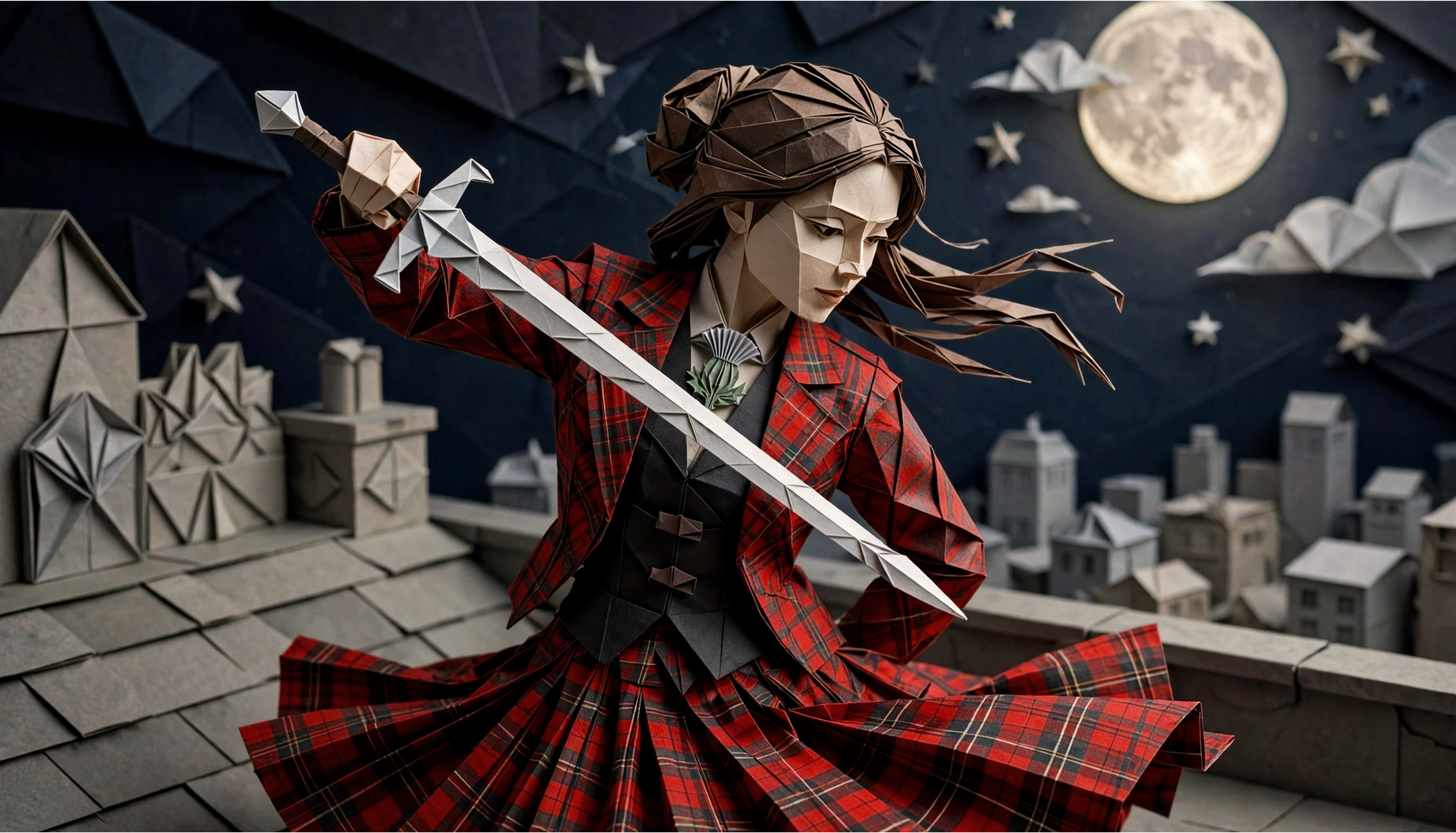 Folded paper origami female warrior in tartan holds a longsword on a rooftop under a full moon