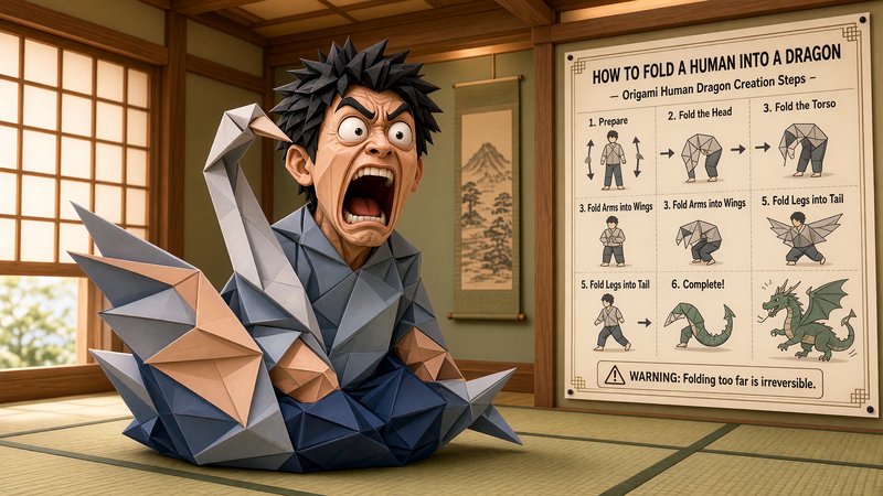 Screaming origami anime man halfway folded into a dragon beside a humorous instruction poster in a Japanese tatami room