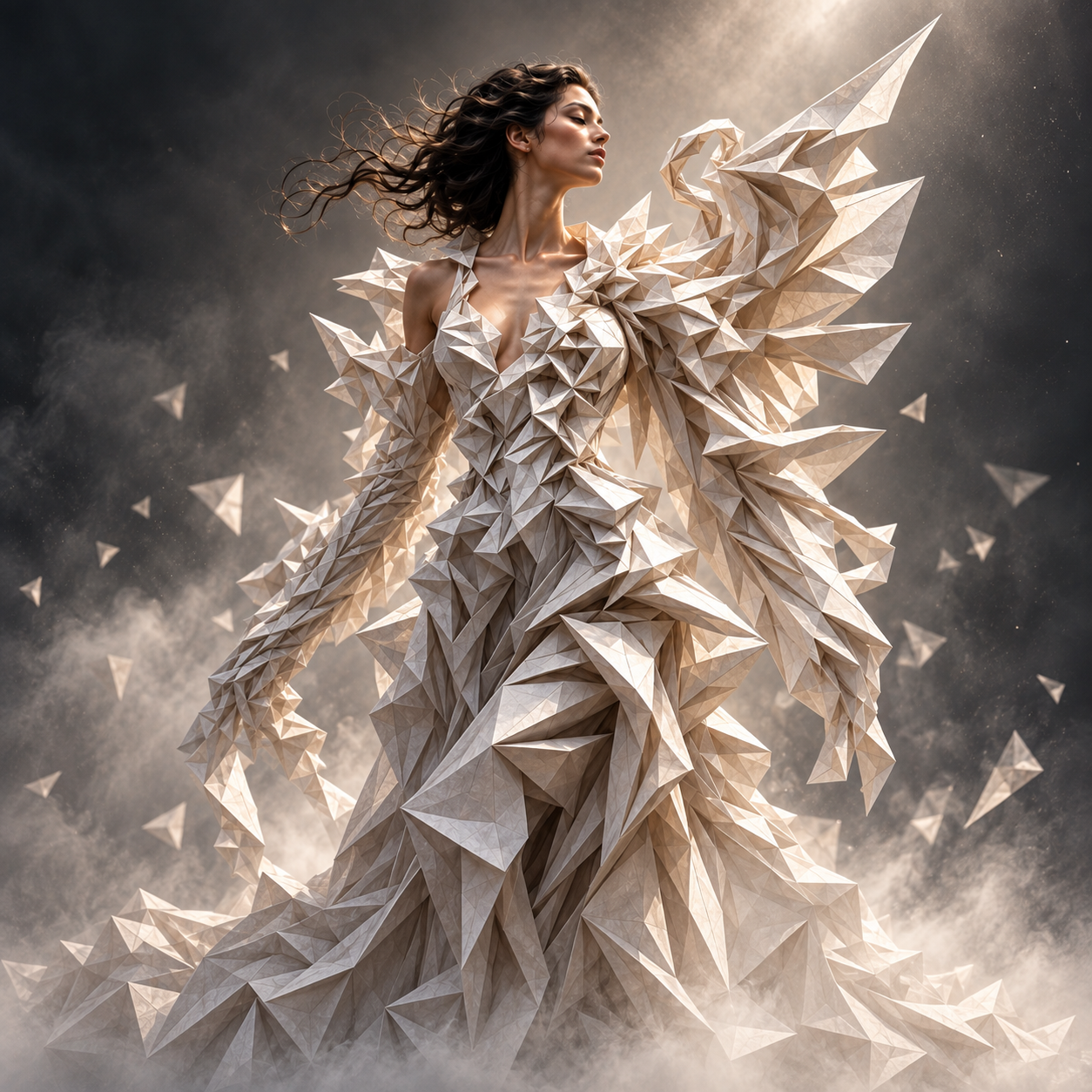 Woman wearing an intricate faceted origami paper gown stands amid swirling mist and floating triangular fragments
