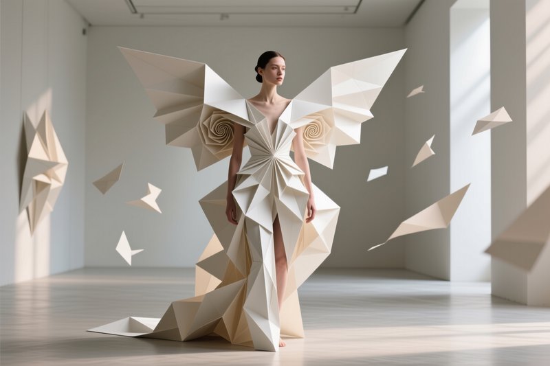 Model wearing a sculptural origami winged gown stands in a sunlit minimalist gallery with floatin...
