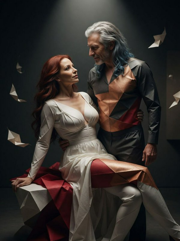 Elegant mature couple in origami-style clothing gaze tenderly at each other surrounded by floating paper birds