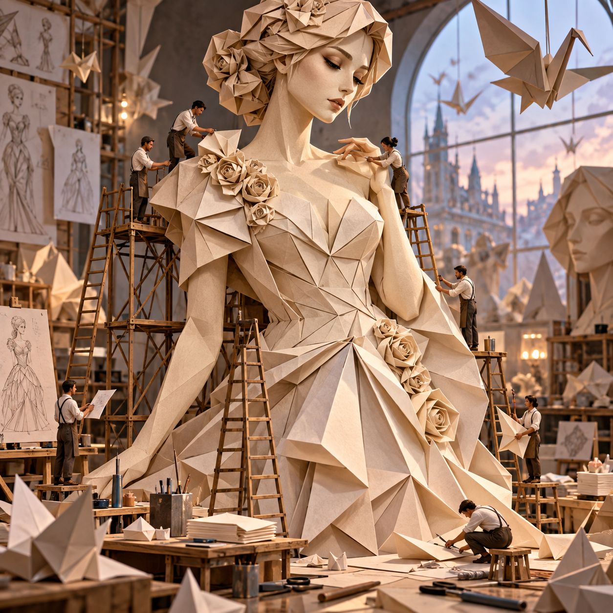 Artisans work on a giant geometric origami sculpture of a woman inside a sunlit art studio