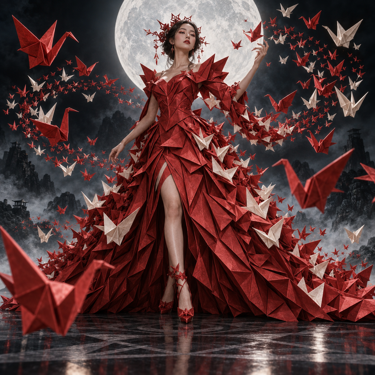 Elegant woman in a folded red origami gown stands surrounded by floating paper cranes beneath a full moon