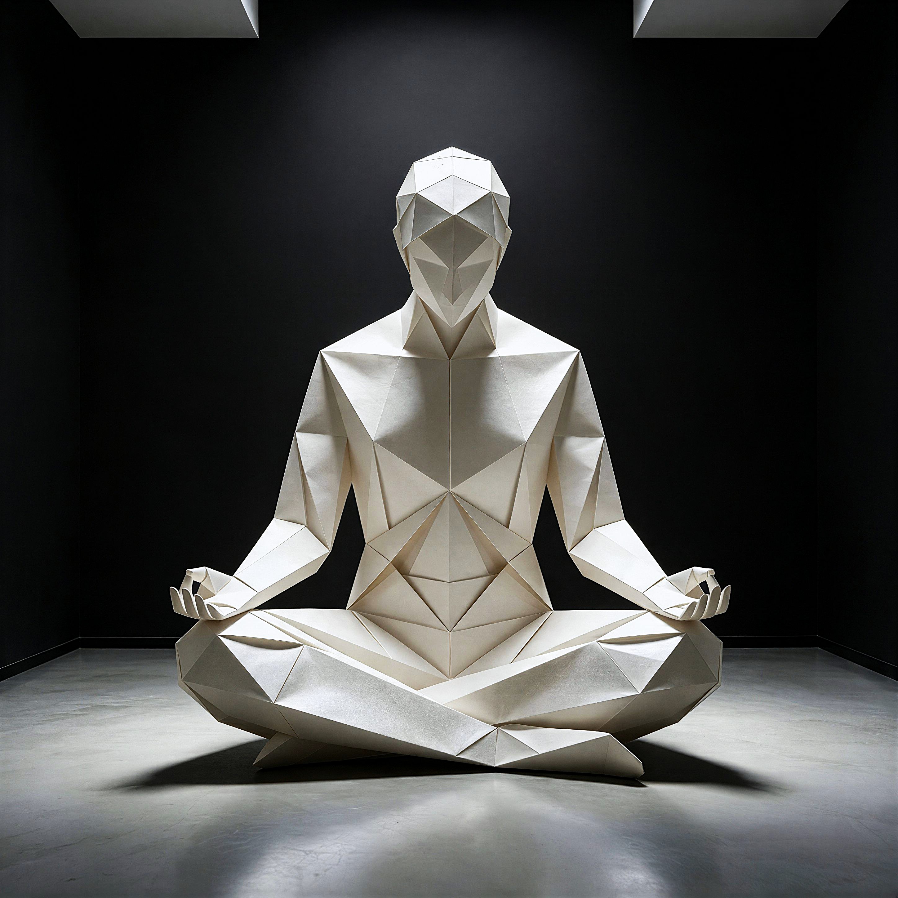 Geometric white origami human sculpture seated in cross-legged meditation pose in a modern gallery
