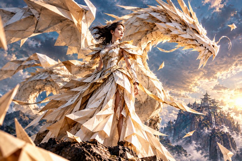 Regal fantasy heroine in origami armor stands beside a giant paper dragon on a misty mountain peak