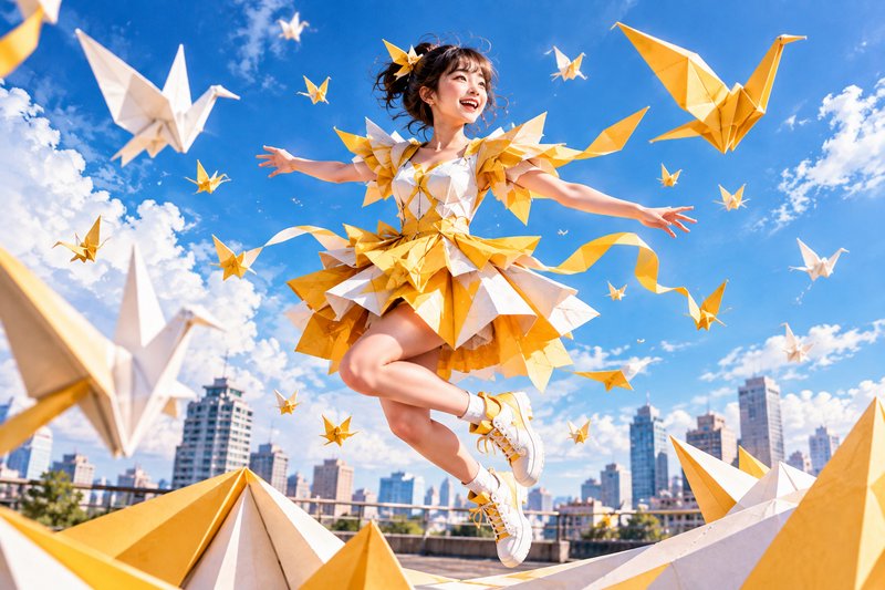 Joyful girl in an origami dress leaping surrounded by floating paper cranes above a city skyline