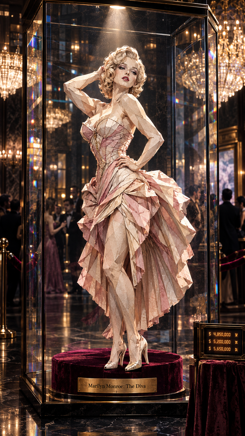 Stylized geometric Marilyn Monroe sculpture displayed in a glass auction case at a luxury gala