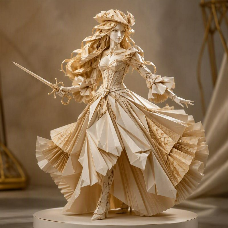 Intricate folded paper sculpture of an elegant swordswoman holding a rapier in period dress