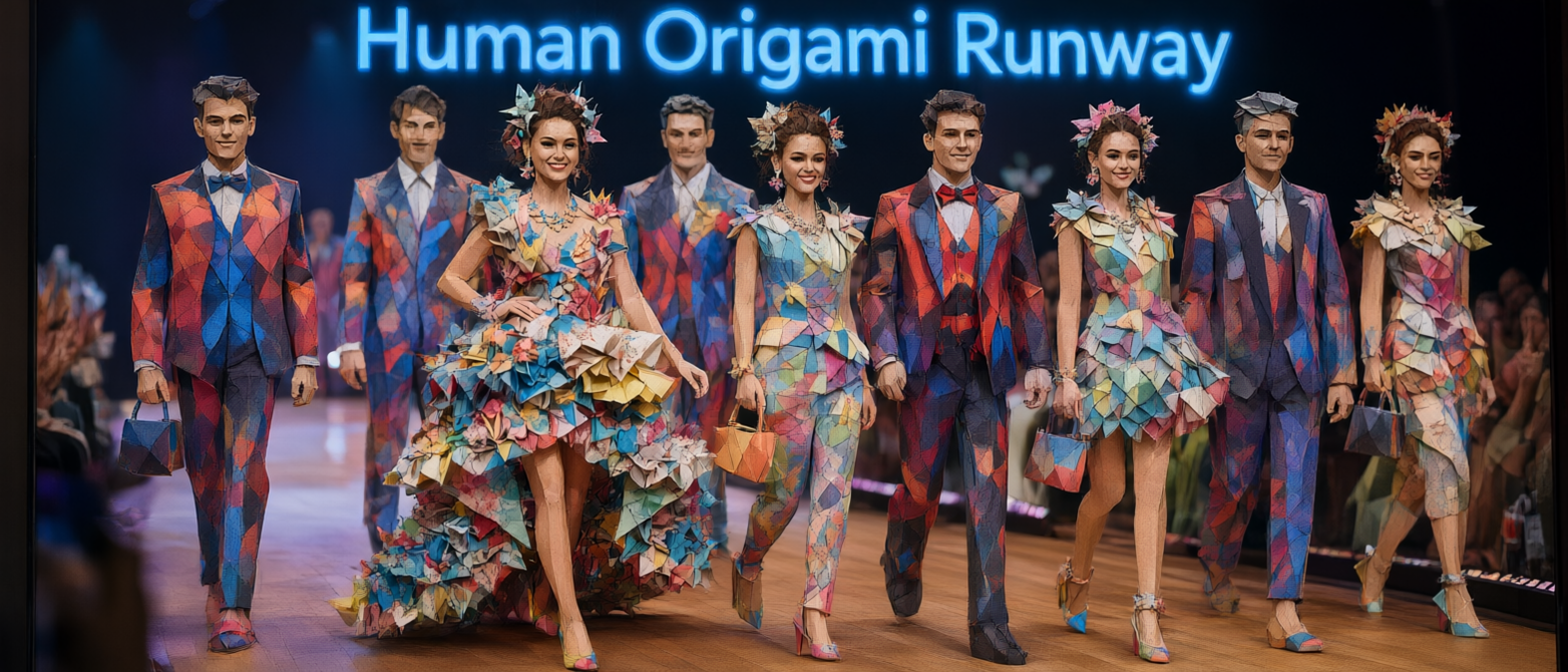 Models wearing colorful origami-inspired fashion walk in a line down a fashion runway beneath a glowing event sign.
