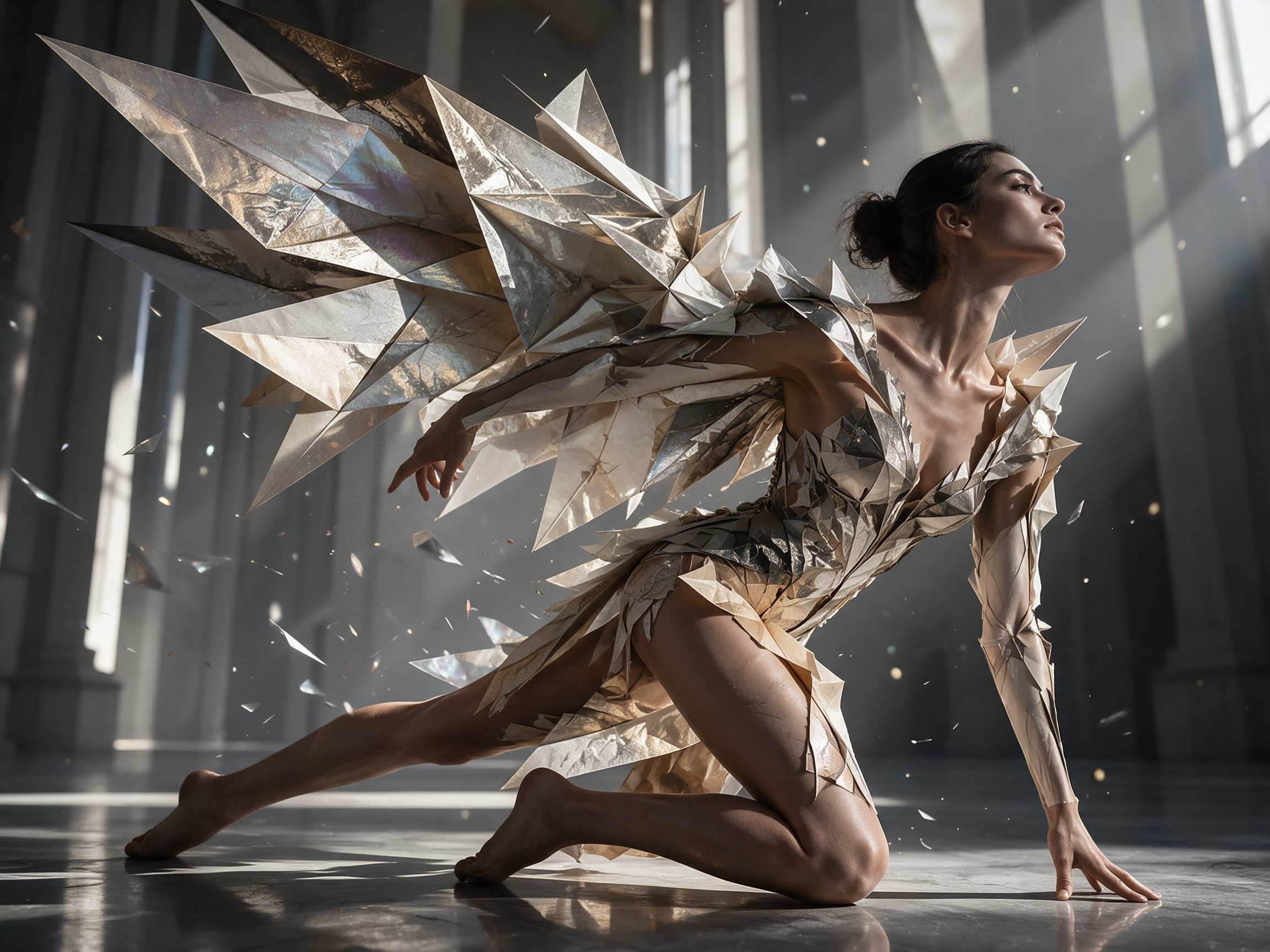 Dancer in spiked metallic origami winged costume strikes a dynamic pose in a sunlit grand columned hall