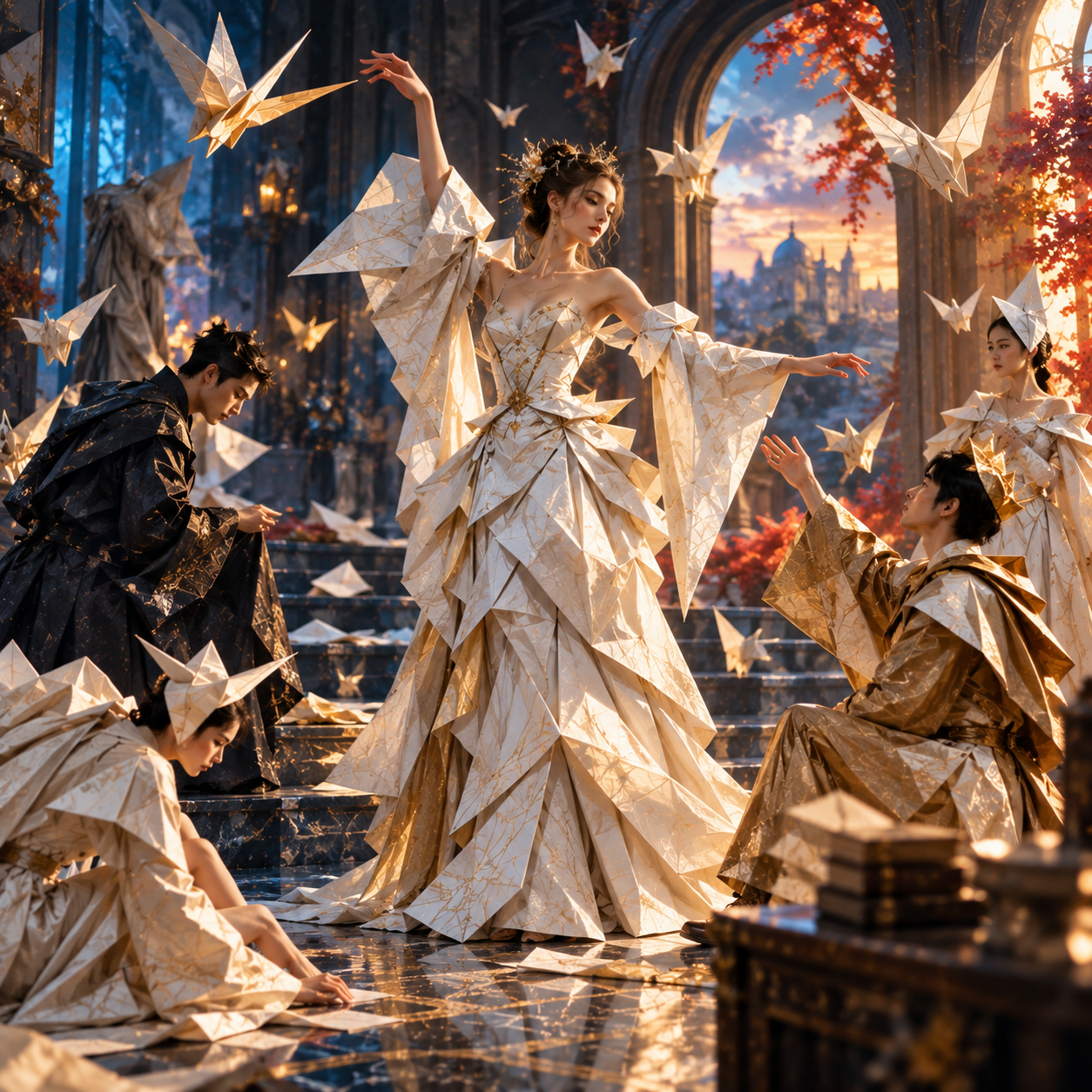 Woman in an origami-style ballgown dances surrounded by floating paper cranes and courtiers in a grand sunset-lit castle hall