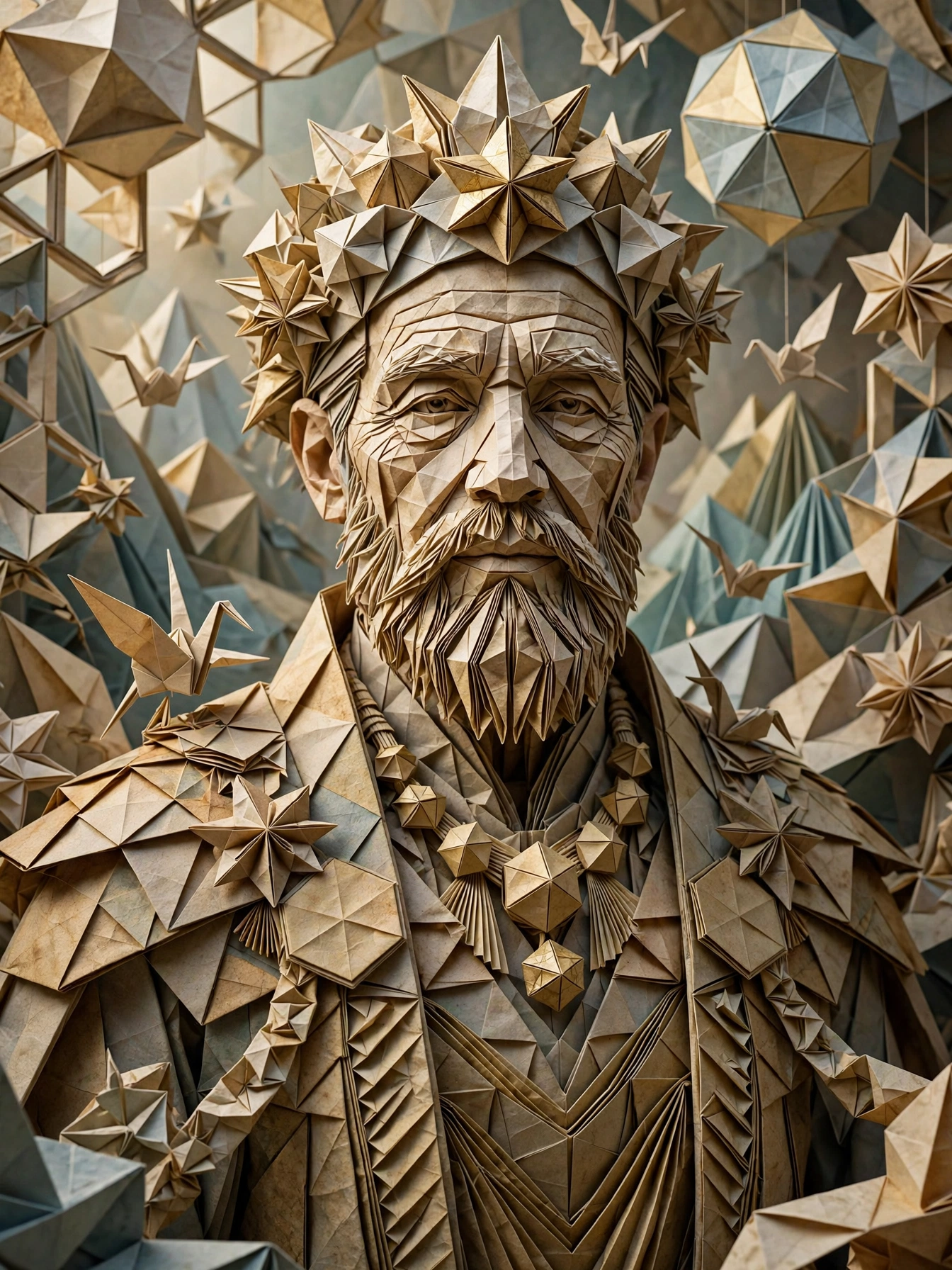 Intricate folded paper origami portrait of a bearded elderly king surrounded by geometric paper shapes and cranes
