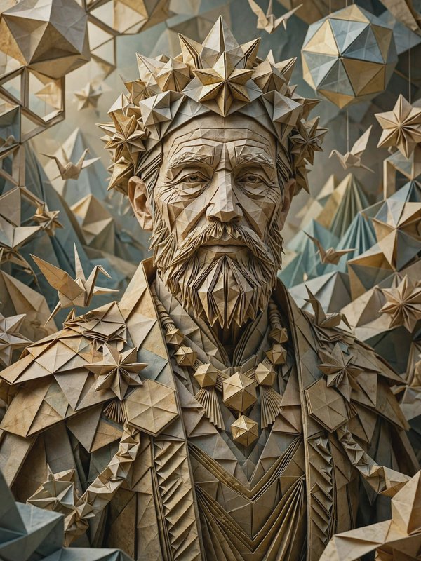 Intricate folded paper origami portrait of a bearded elderly king surrounded by geometric paper shapes and cranes