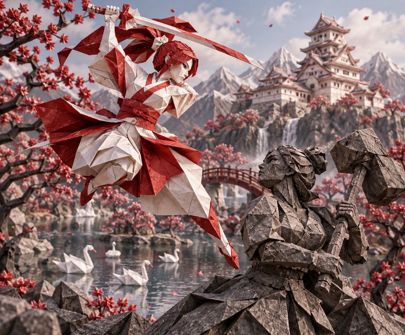 Red and white origami samurai leaps with a katana to face a stone guardian in a Japanese castle landscape