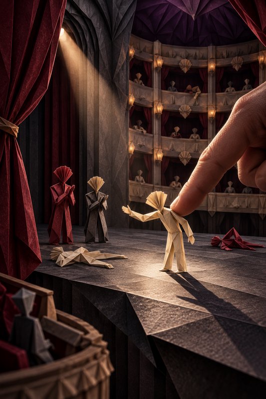 Giant human finger touching an origami actor on an intricate miniature theatre stage