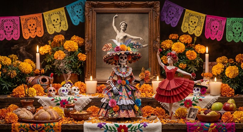 Vibrant Day of the Dead ofrenda decorated with catrina figurines, marigolds, candles, and papel p...