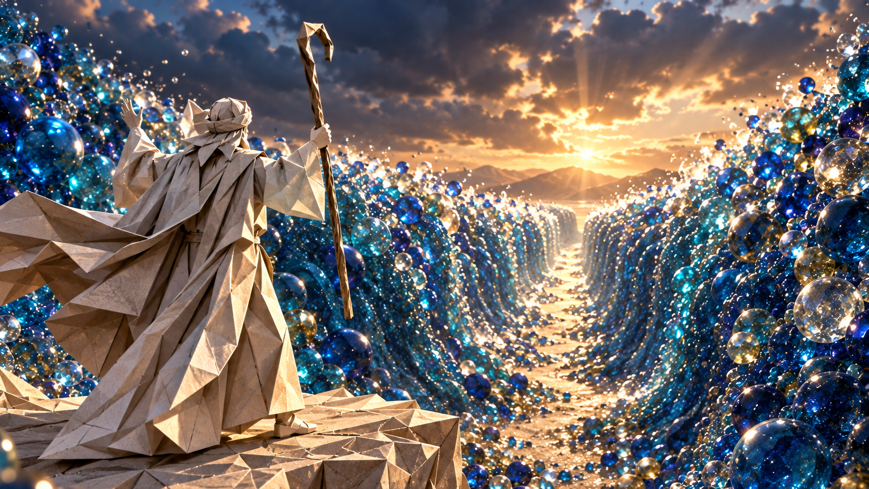 Origami Moses holding a staff parting shimmering bubble Red Sea waves under a golden sunset sky