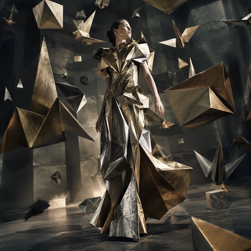 Model in an angular metallic origami gown stands surrounded by floating geometric origami shapes