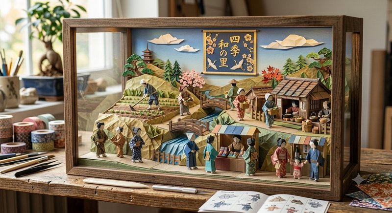 Framed layered papercraft diorama depicting a traditional Japanese village scene on a craft workt...