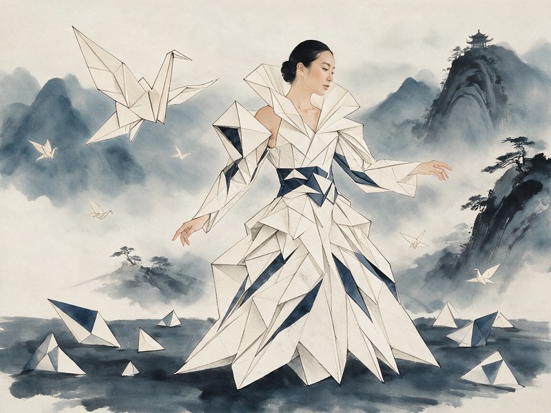 East Asian woman in a geometric origami gown stands surrounded by paper cranes in a misty ink was...