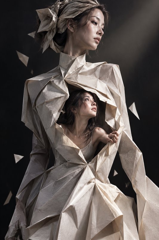 Surreal conceptual portrait of a woman emerging from a large origami paper fashion sculpture