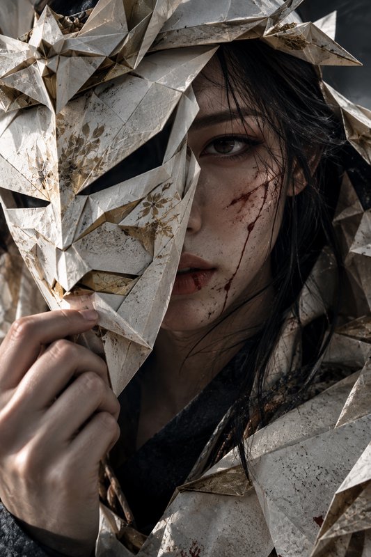 Woman with blood streaks on her cheek holds an aged origami mask partially covering her face