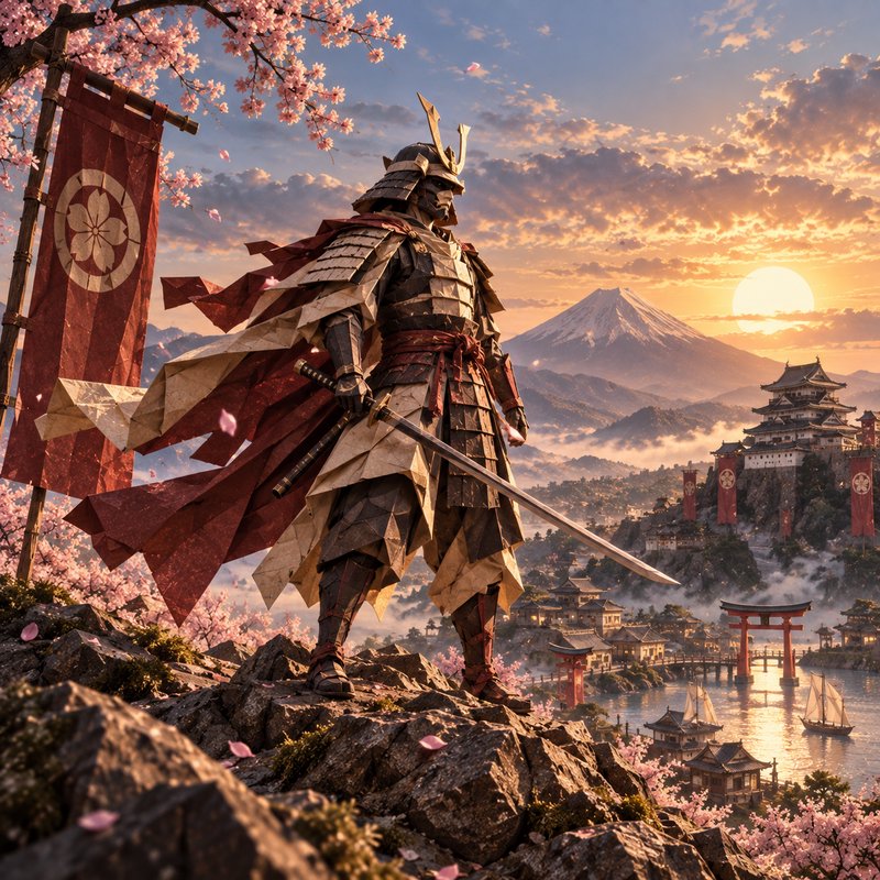 Origami armored samurai stands on a rocky cliff overlooking feudal Japan at golden sunset