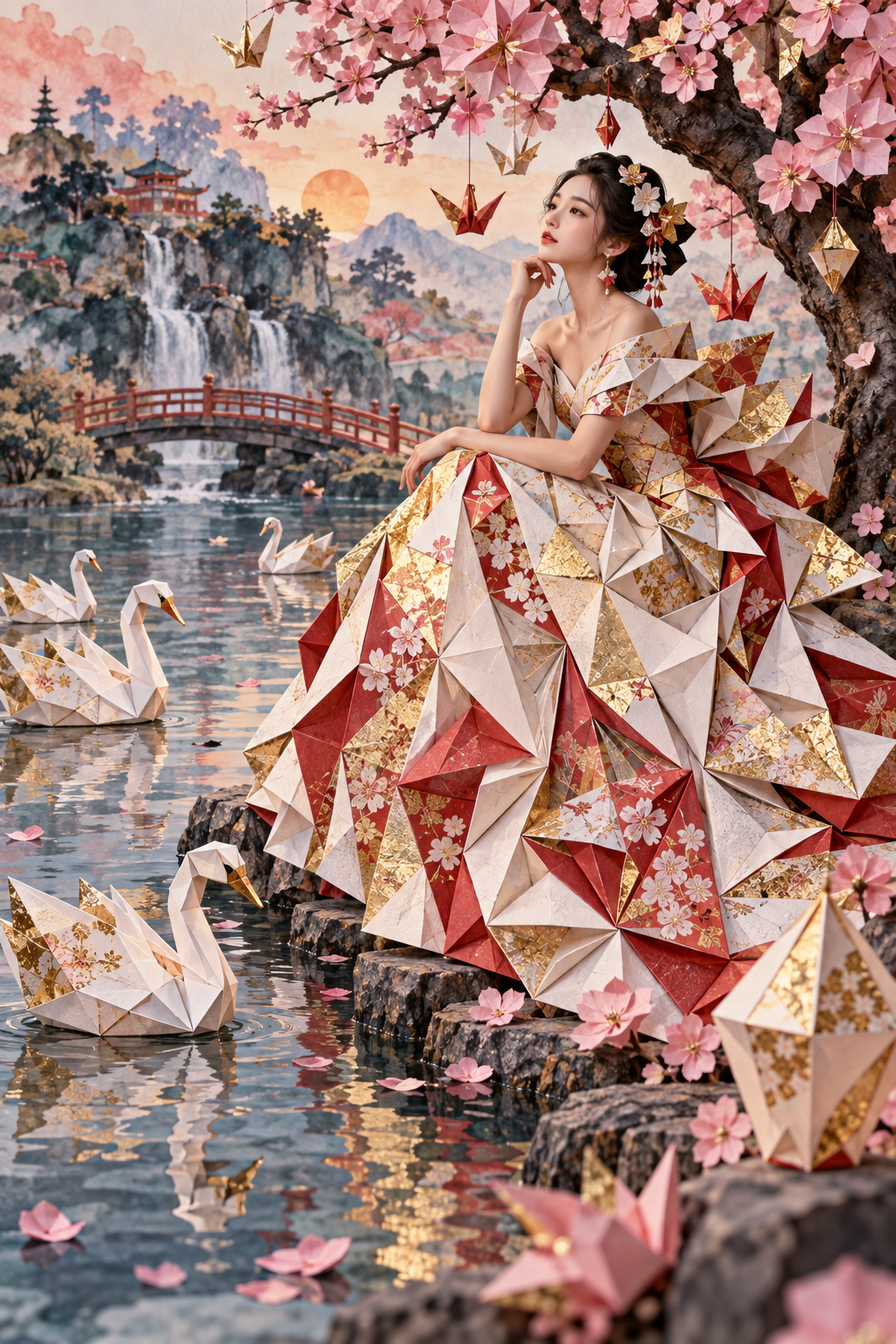 Woman in an intricate origami ballgown sits on a lakeshore beneath cherry blossoms, surrounded by floating paper swans