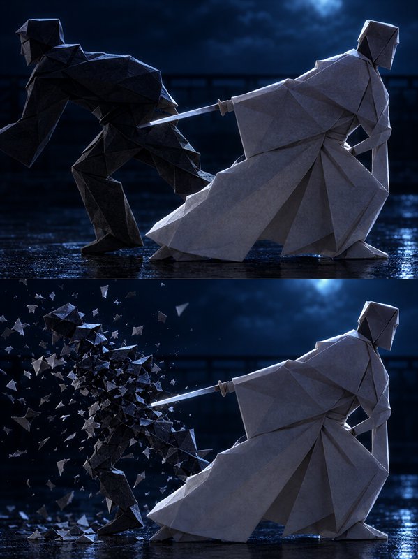 Origami samurai strikes a dark folded paper opponent, who shatters into fragments across two sequ...