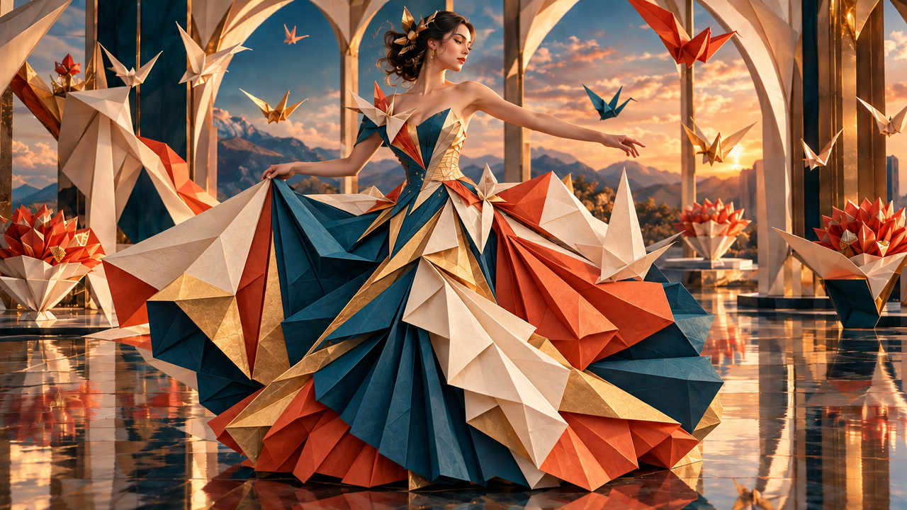 Graceful woman in a geometric origami ballgown poses as folded paper cranes float around her at a sunset mountain pavilion