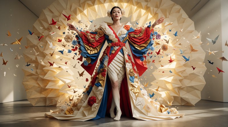 Woman in elaborate origami couture gown stands surrounded by floating paper cranes before a folde...