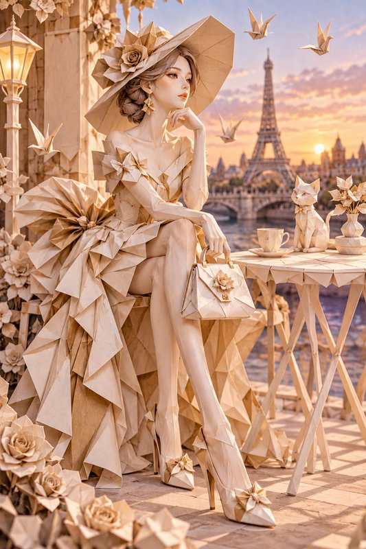 Elegant origami paper woman sits on a Paris terrace overlooking the Eiffel Tower at golden sunset