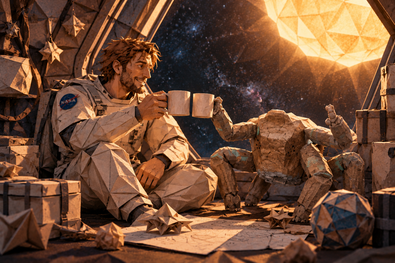 Low poly origami astronaut toasts with a friendly robot inside a sunlit space station overlooking starry space