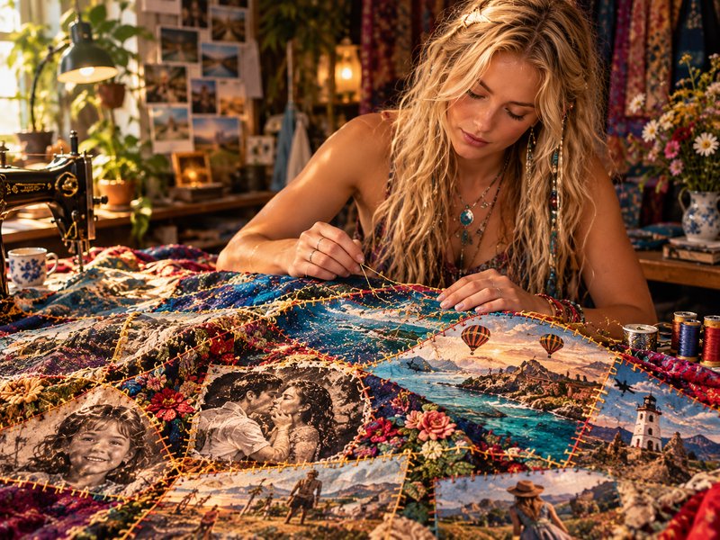 Blonde artisan hand stitching a detailed storytelling patchwork quilt in a sunlit craft studio